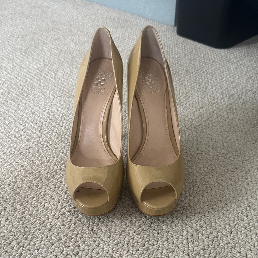 Vince Camuto Patent Peep-Toe Platform Pumps in Tan - Picture 2 of 4